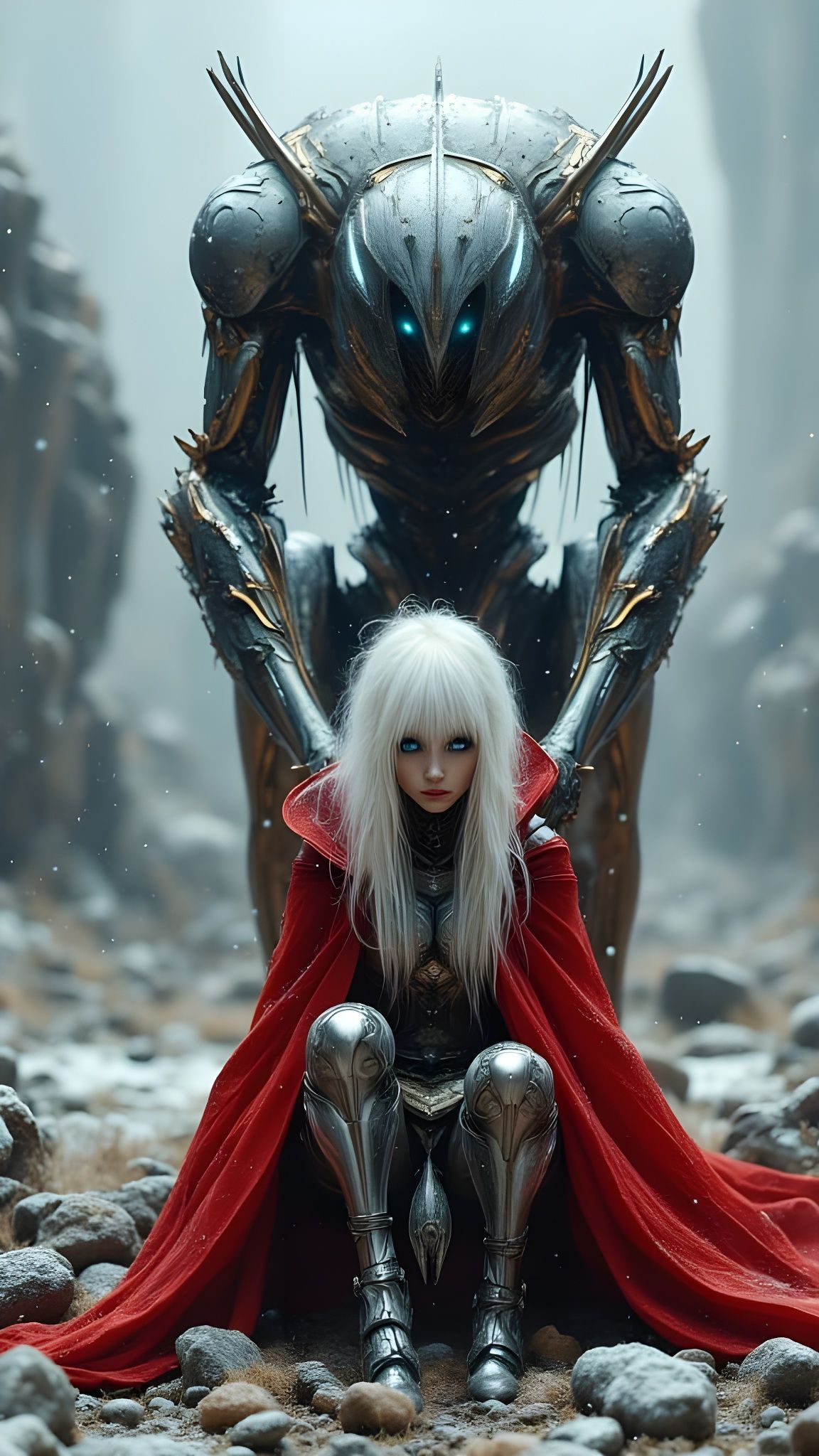 Ethereal Cybernetic Goddess in Snowy Futuristic Landscape