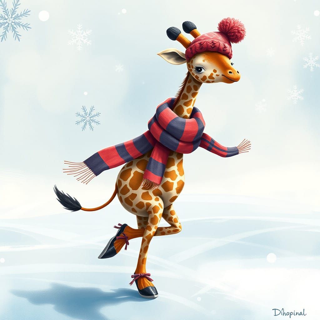 Giraffe Dances on Ice in Winter Wonderland