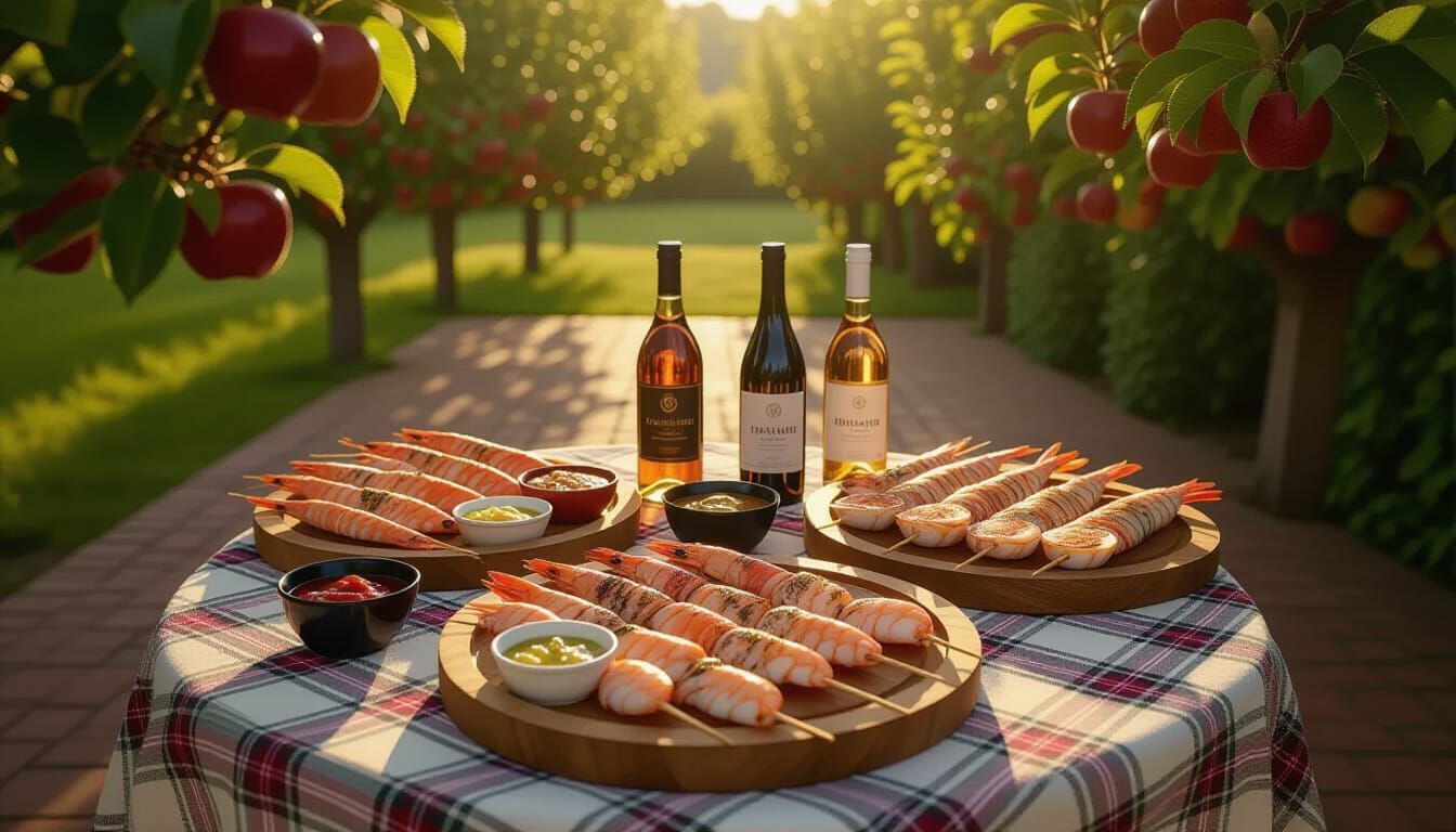 Grilled Seafood Skewers on Victorian Tablecloth