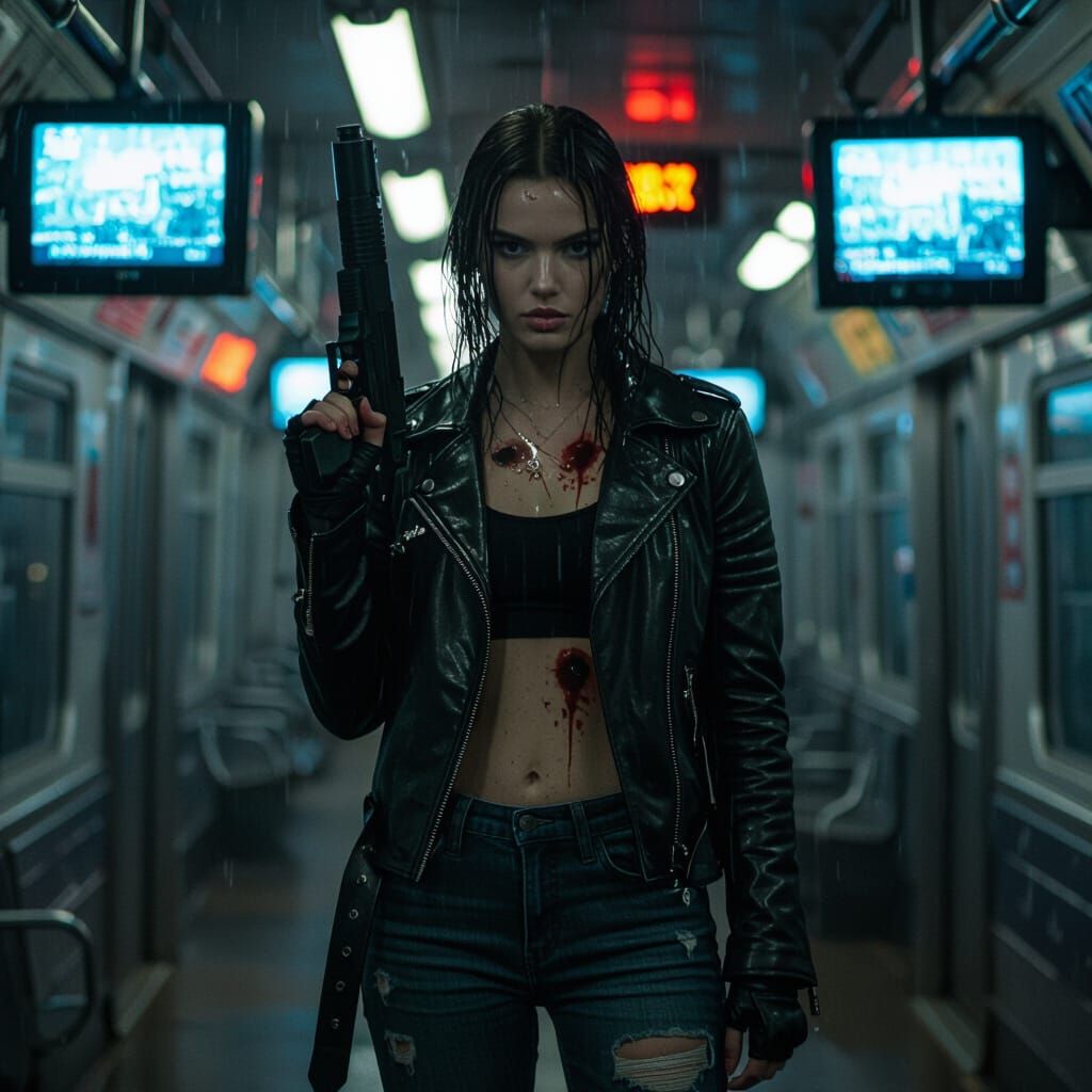 Gritty Cinematic Woman on Train in Cyberpunk Style
