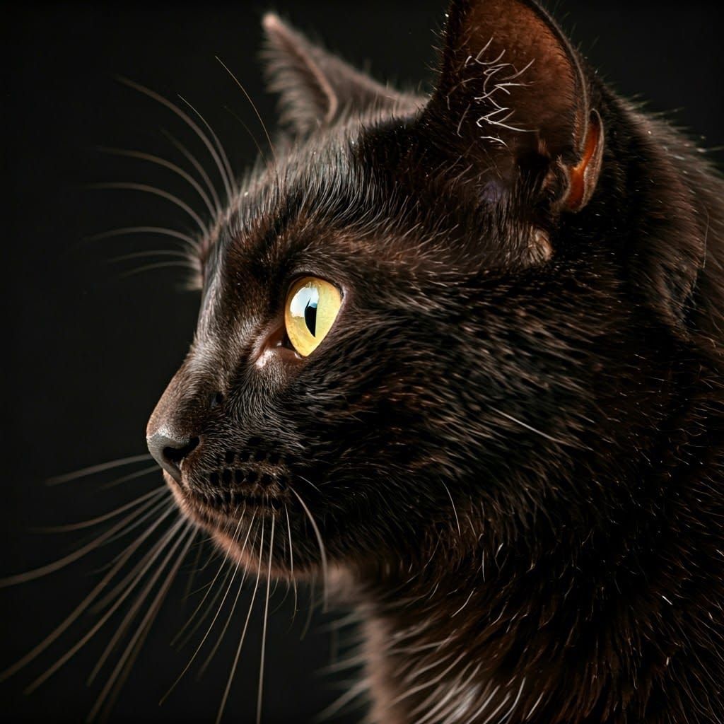 Glistening Black Cat Portrait with Golden Eye