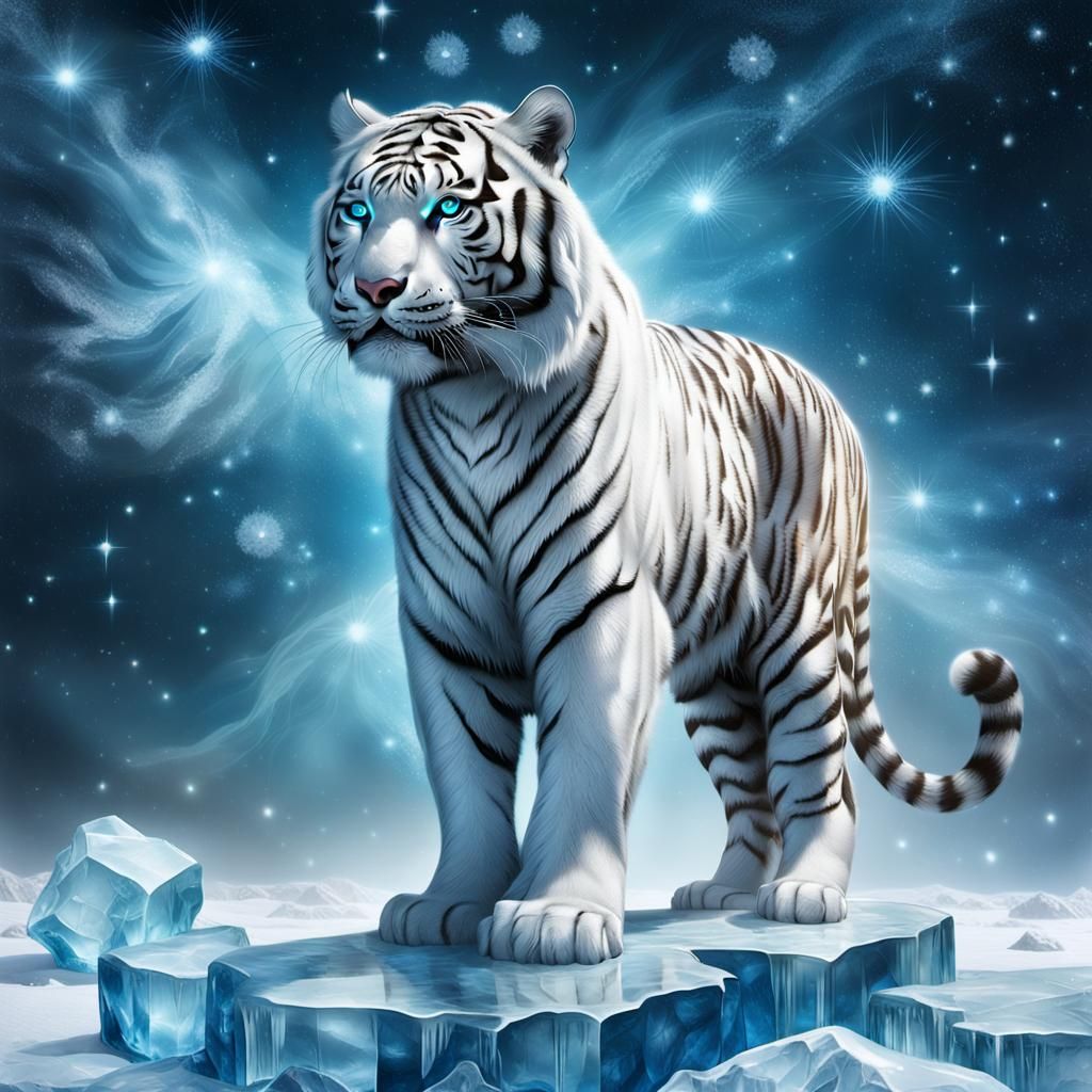 Glowing White Tiger on Ice with Constellations