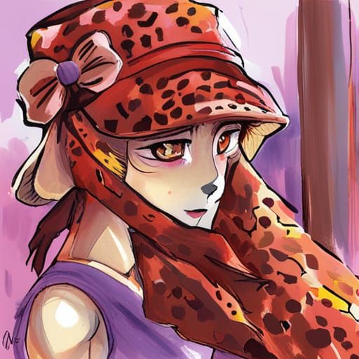 Leopard in Hat and Scarf: Anime Gouache Painting