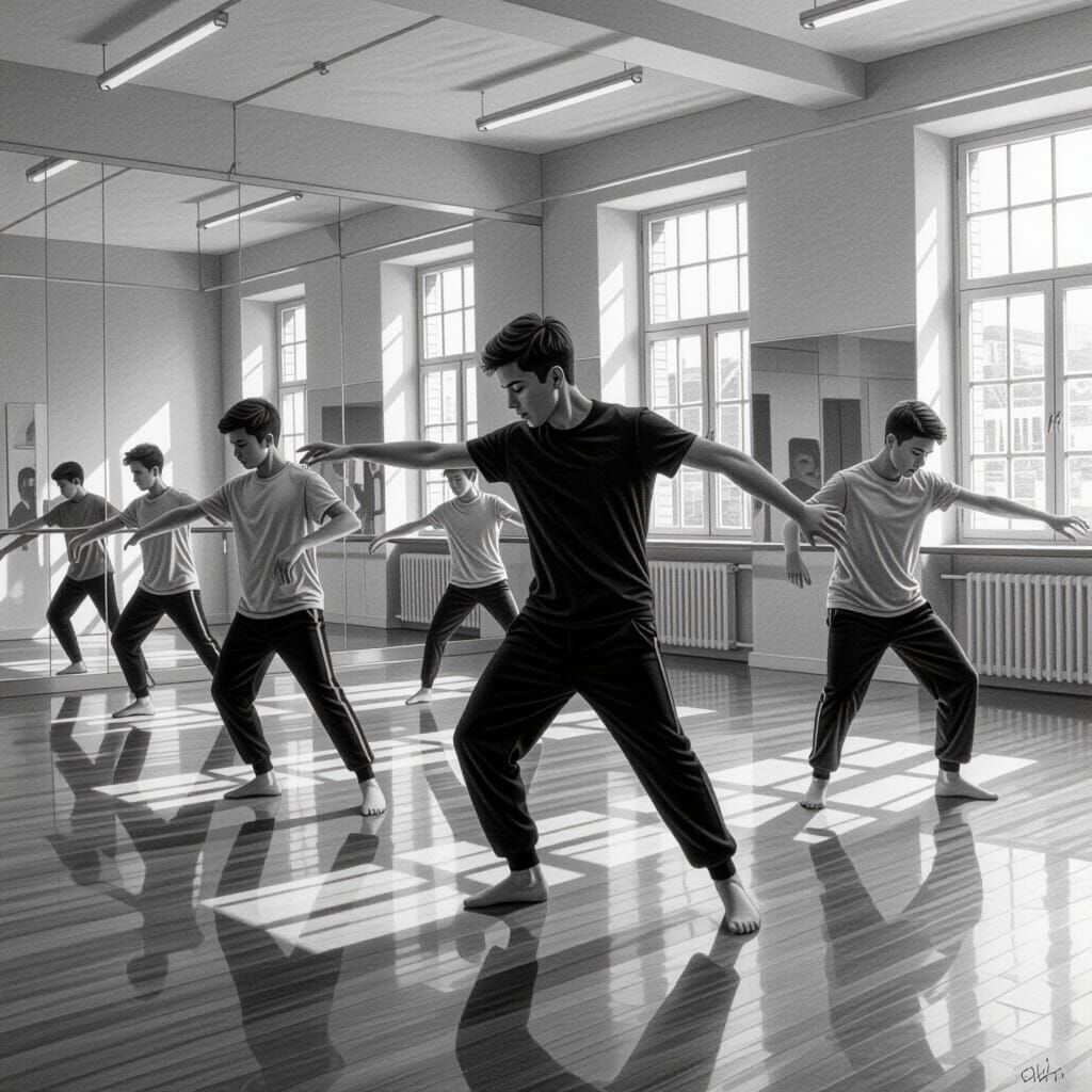 Teenage Dancers Practicing in Charcoal Drawing Style