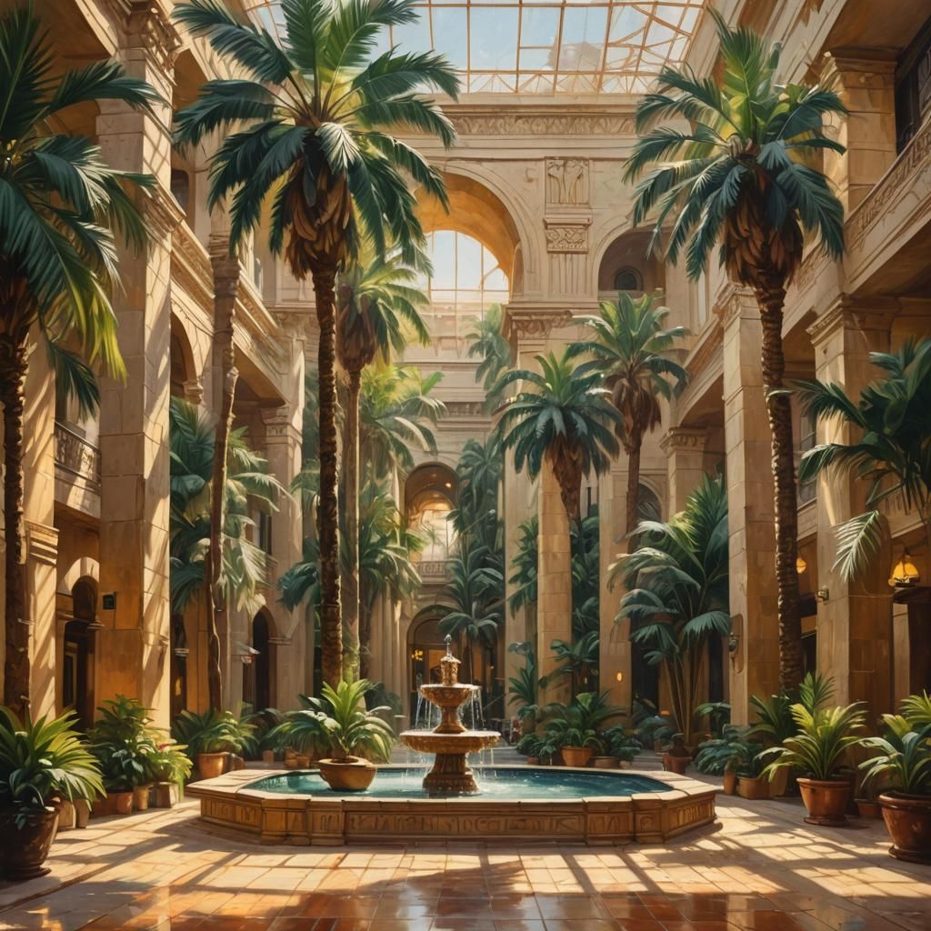 Cairo Hotel Atrium with Fountain: Art Deco Oil Painting