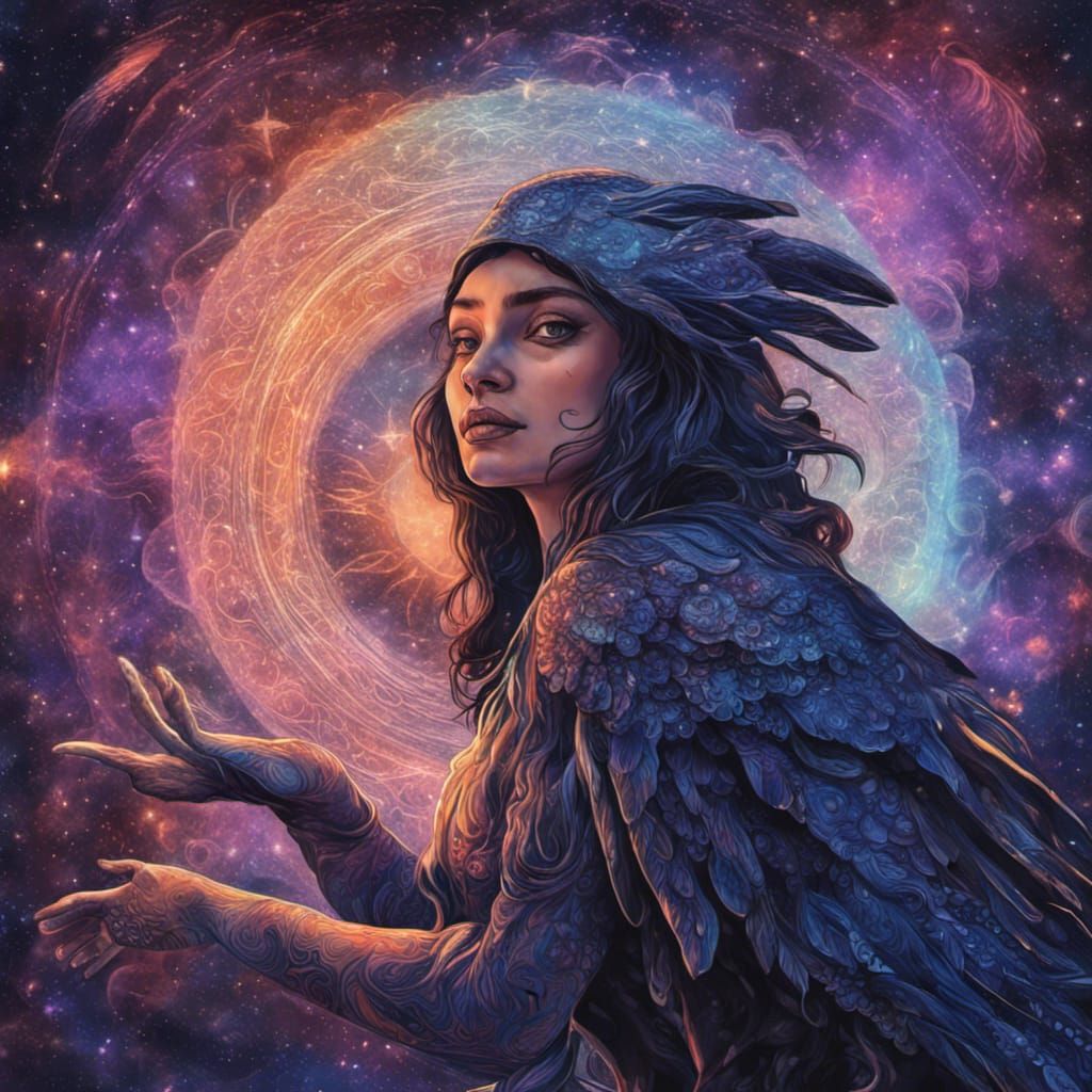 Wise Woman and Raven in Astral Holographic Art