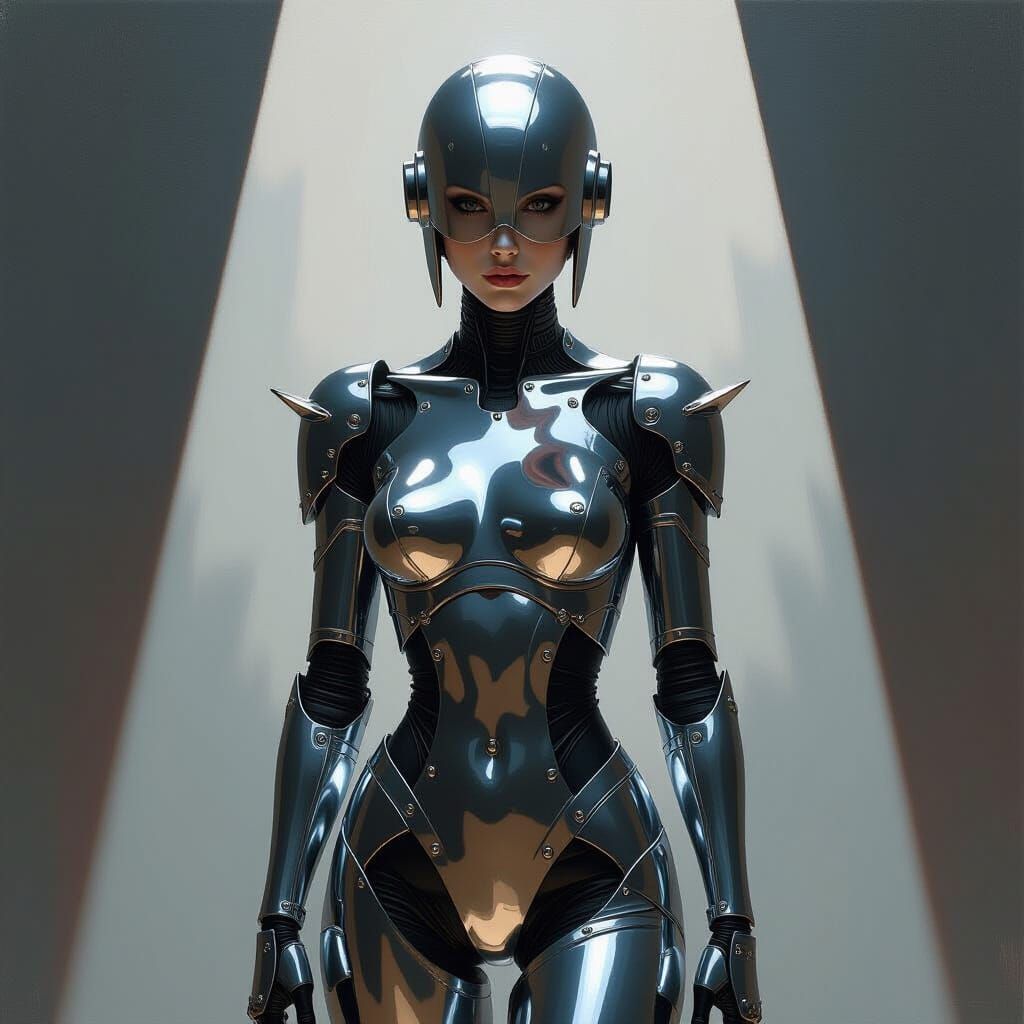 Reflective Android Woman in Oil Painting Style