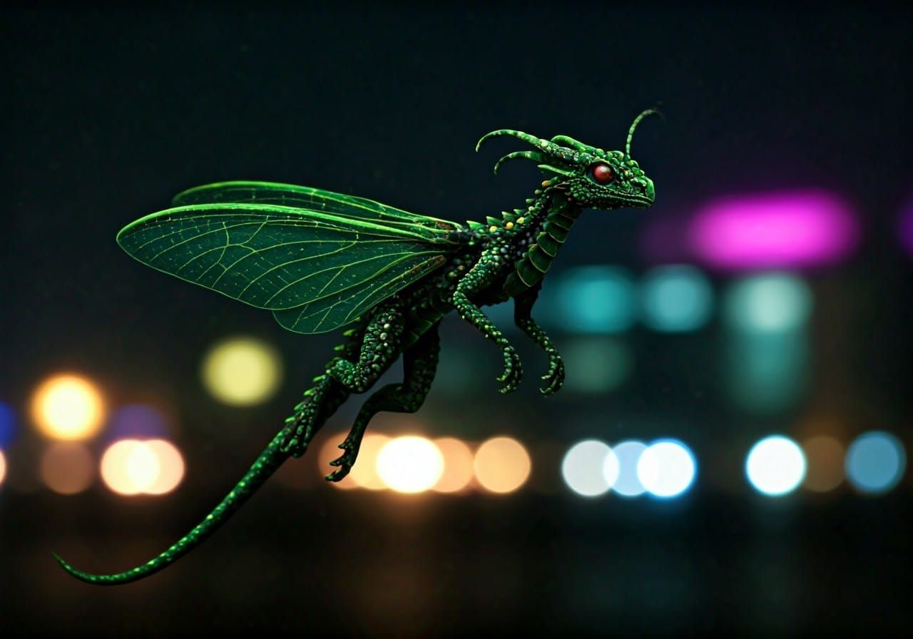 Fluorescent Dragon Flies Through Cyberpunk City Night