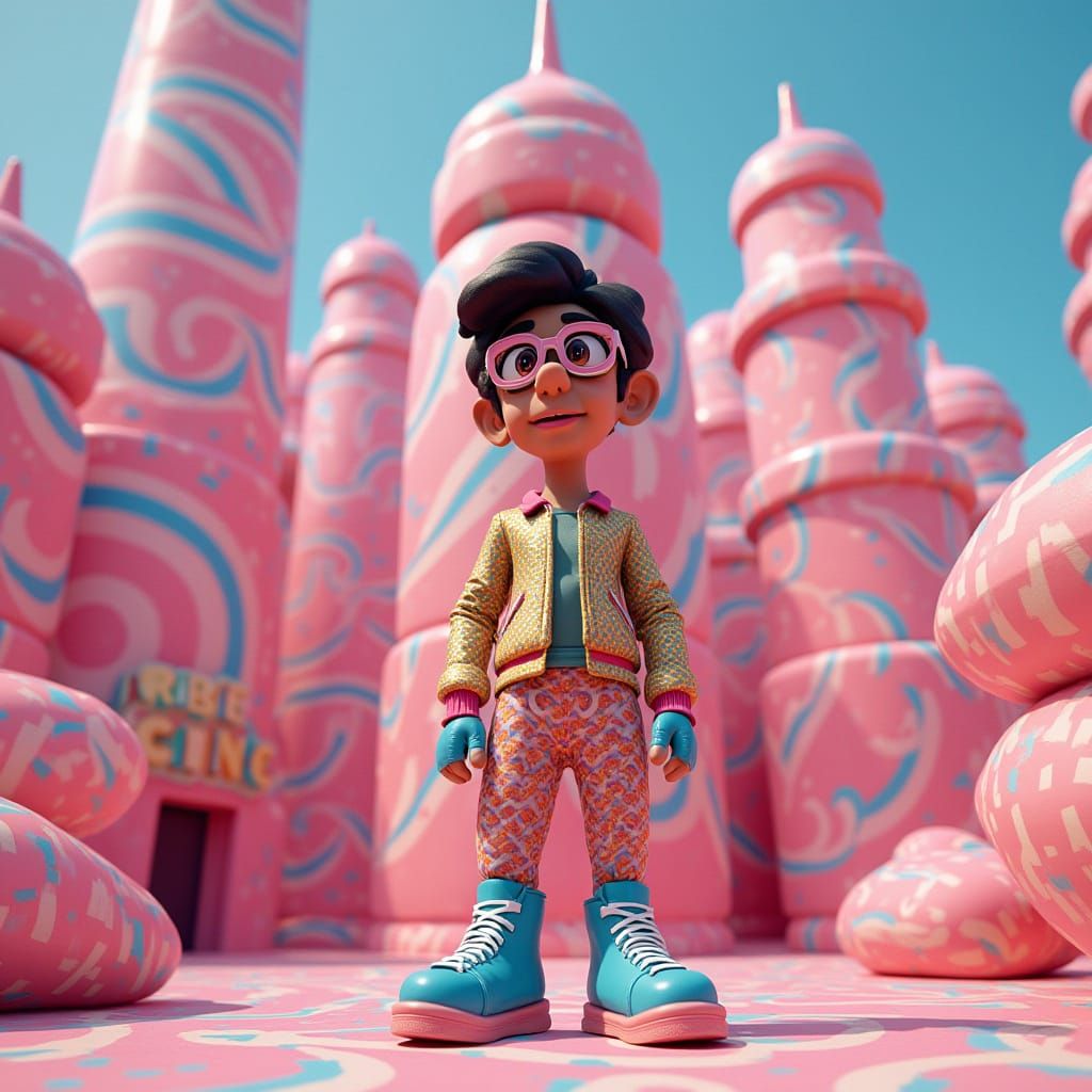 Vibrant Graphic Designer in Whimsical Bubblegum Mill