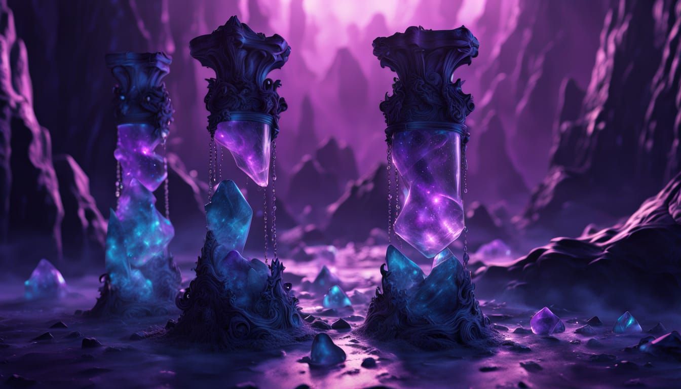 Broken hourglasses scatter, fragmented time flowing like forsaken dreams in a desolate, mystical realm.