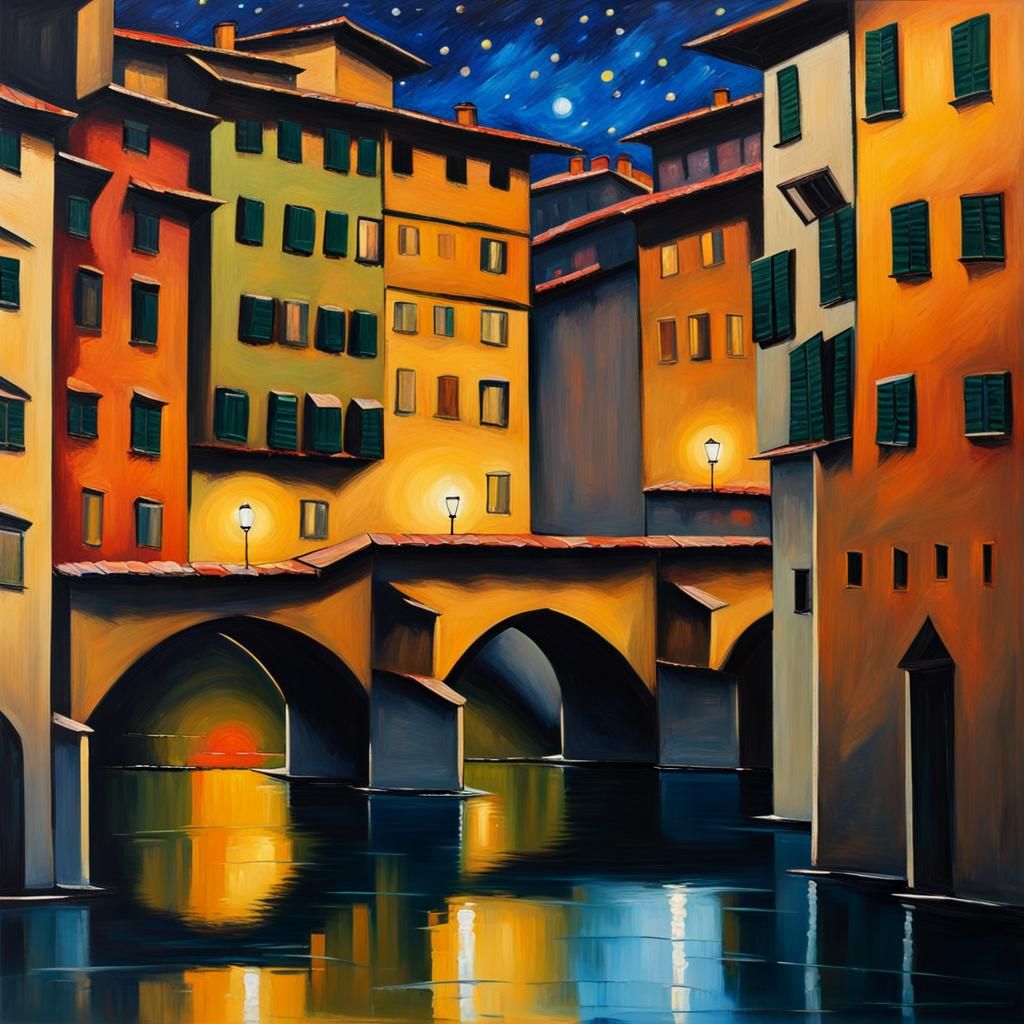 Ponte Vecchio at Night: Impressionist Oil Painting