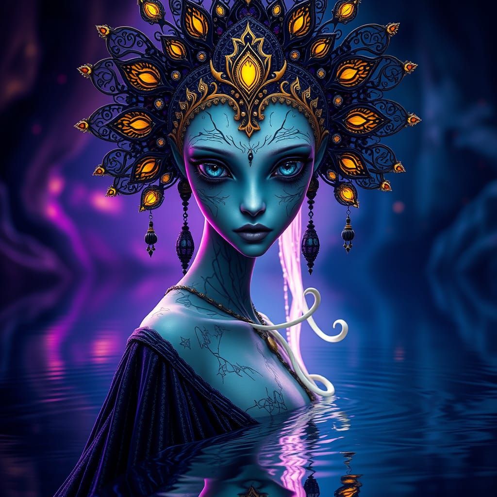 Ethereal Alien Goddess Beside Mystical Pool