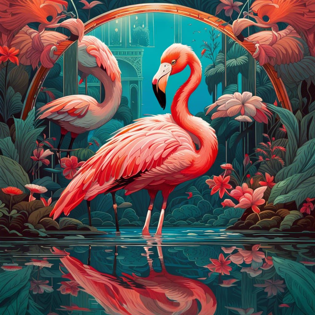 Flamingo's Mirrored Reflection: Hyperrealistic Digital Art
