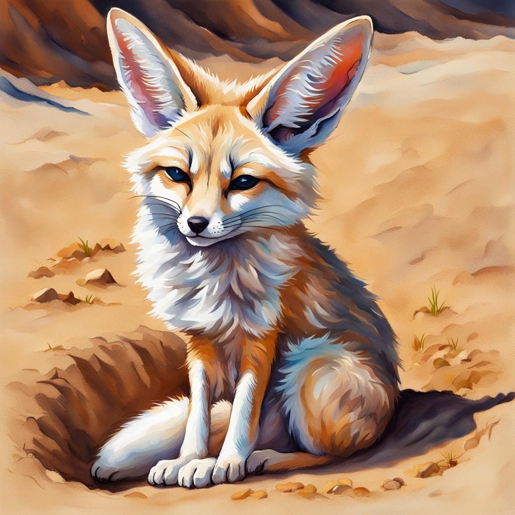 Sleeping Fennec Fox in Gouache and Watercolor Style