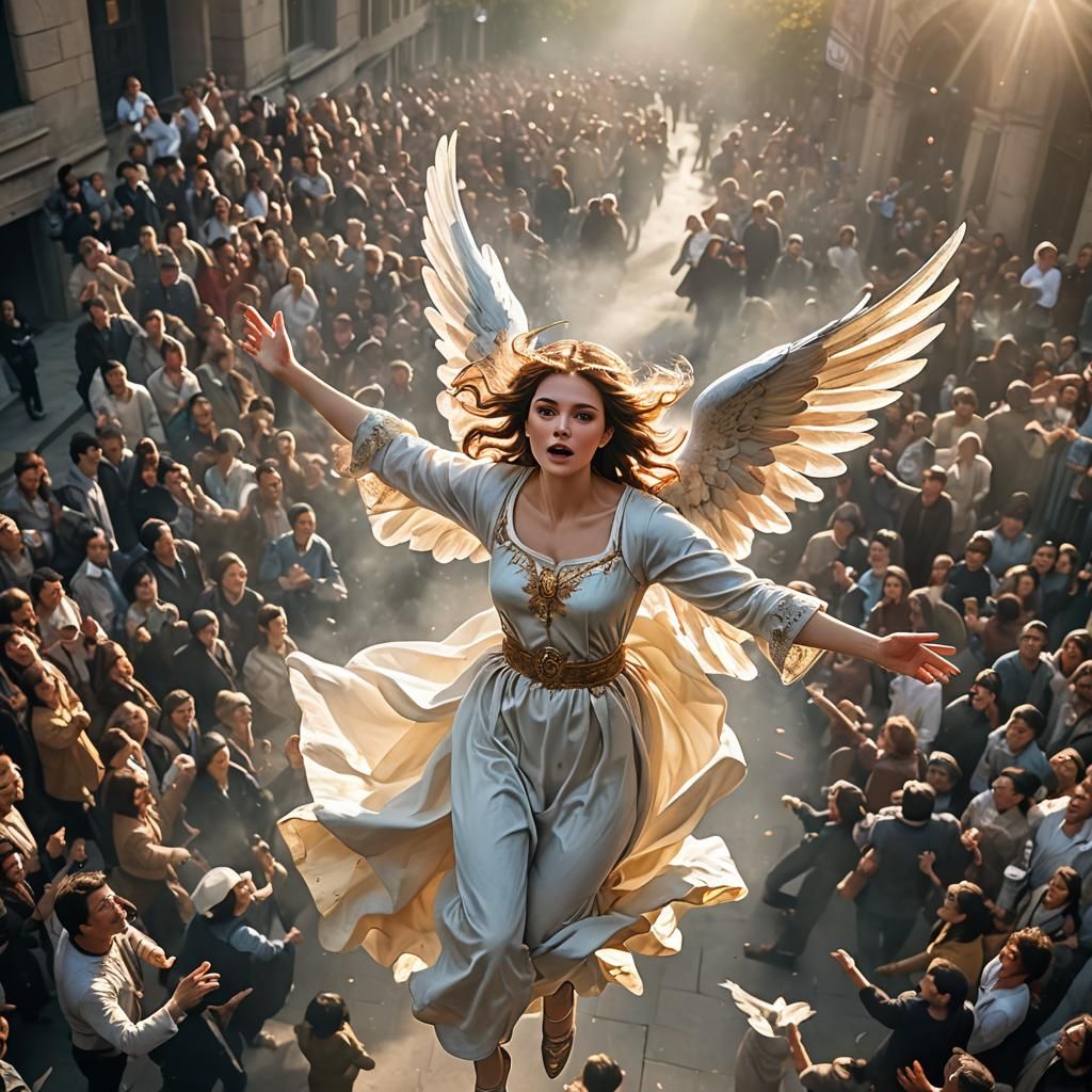 Gorgeous Angel Flies Above Crowd: Dramatic Photography