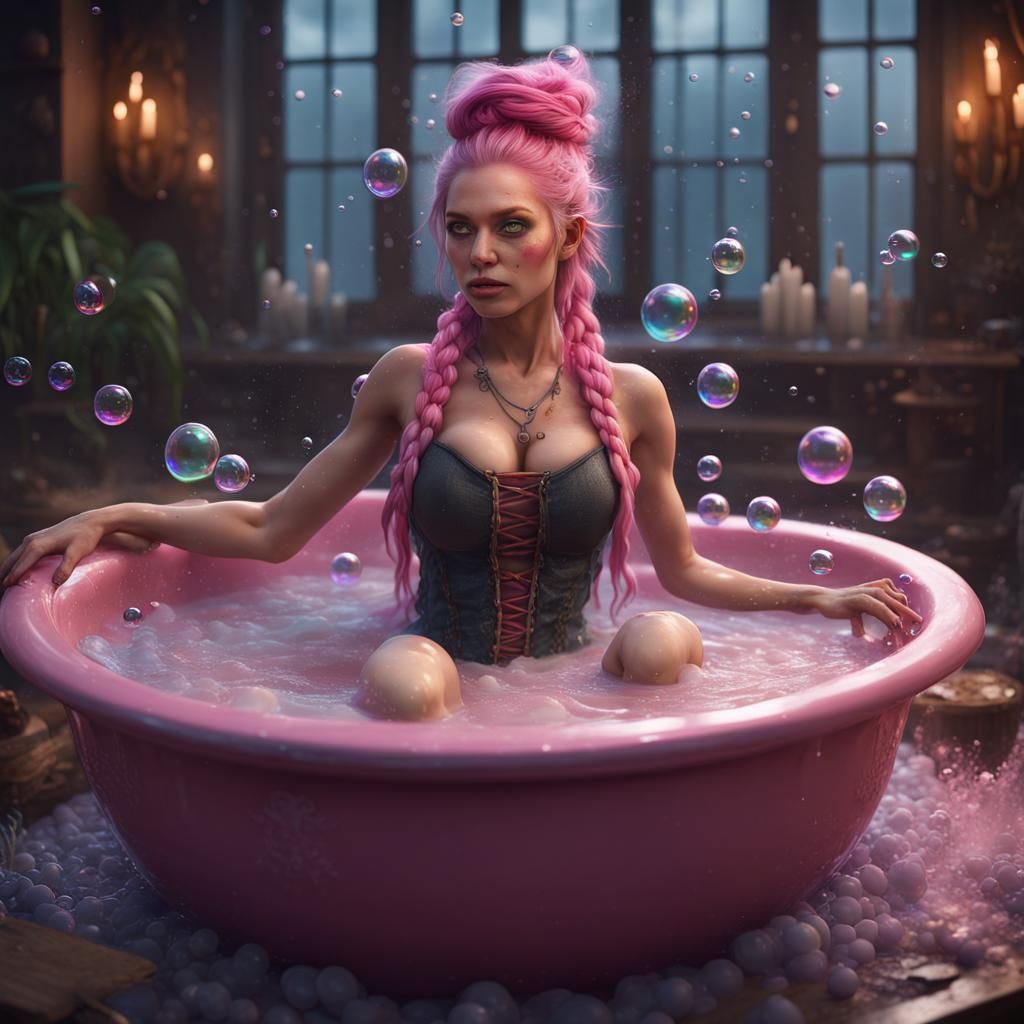 Rainbow-Haired Witch Bathing in Pink Cauldron
