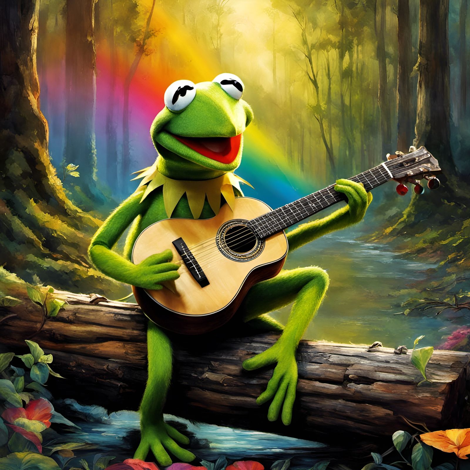 Kermit's Rainbow Connection: A Fantastical Realism Painting