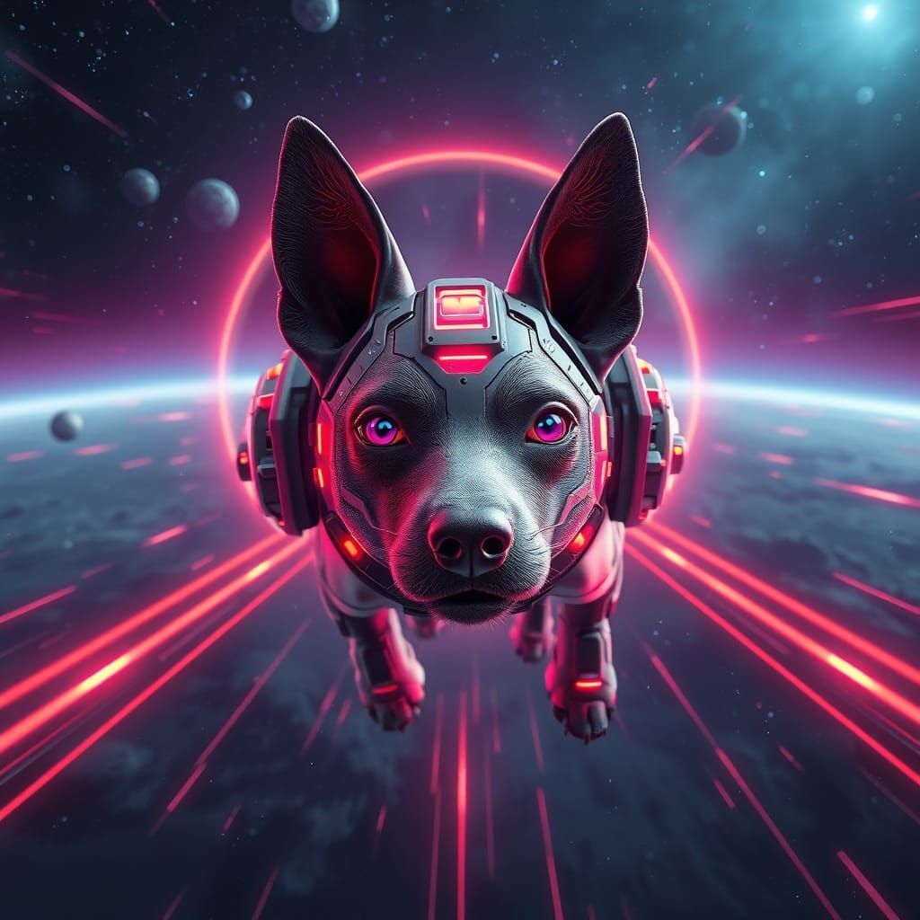 Galactic Space Dog Blasts Off in Futuristic Cyberpunk Scene