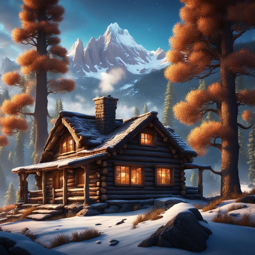 Mountain Cabin in Winter: Detailed Matte Painting