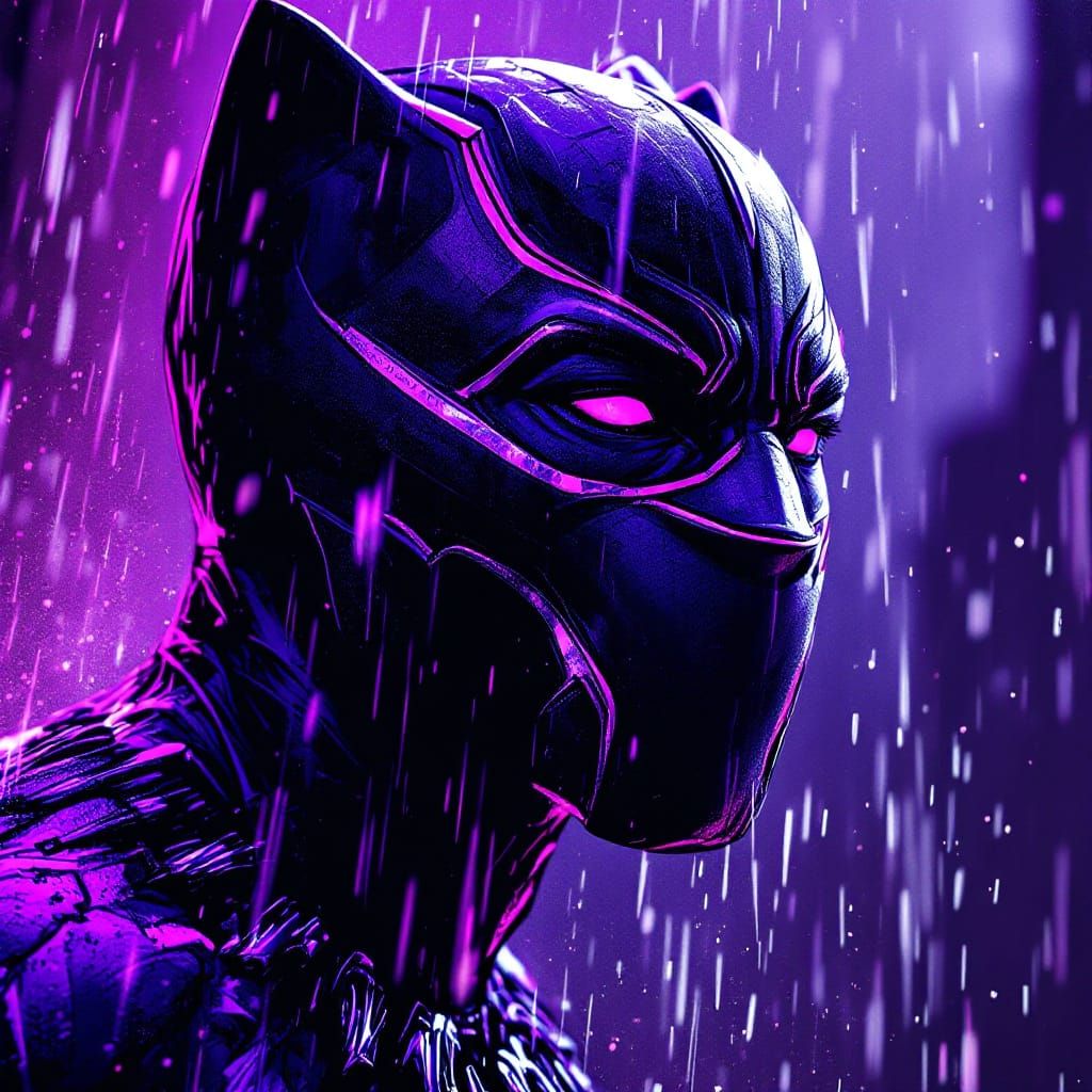 Black Panther Comic Portrait in Neon Wakanda Rain