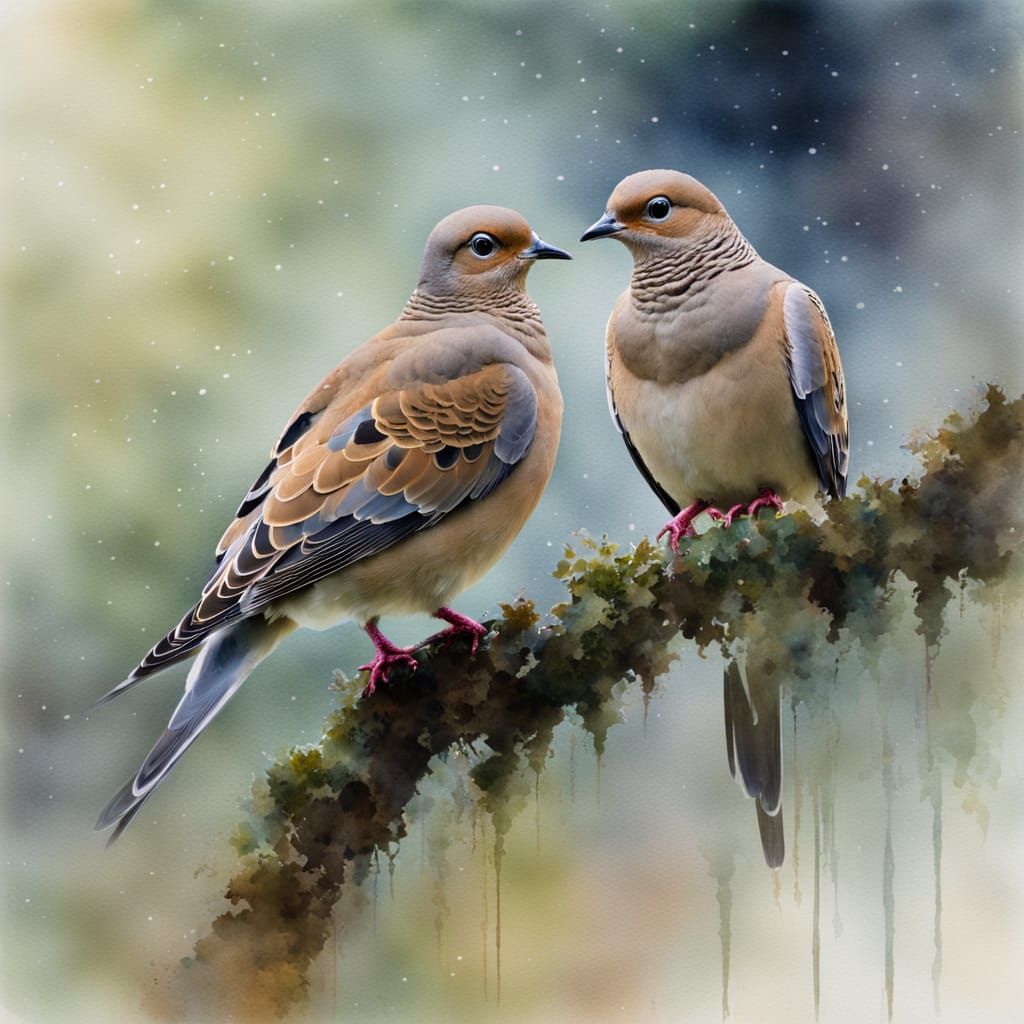 Ethereal Misty Mourning Doves in Watercolor