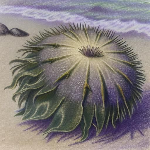 Sea Urchin Among Kelp in Pastel Drawing