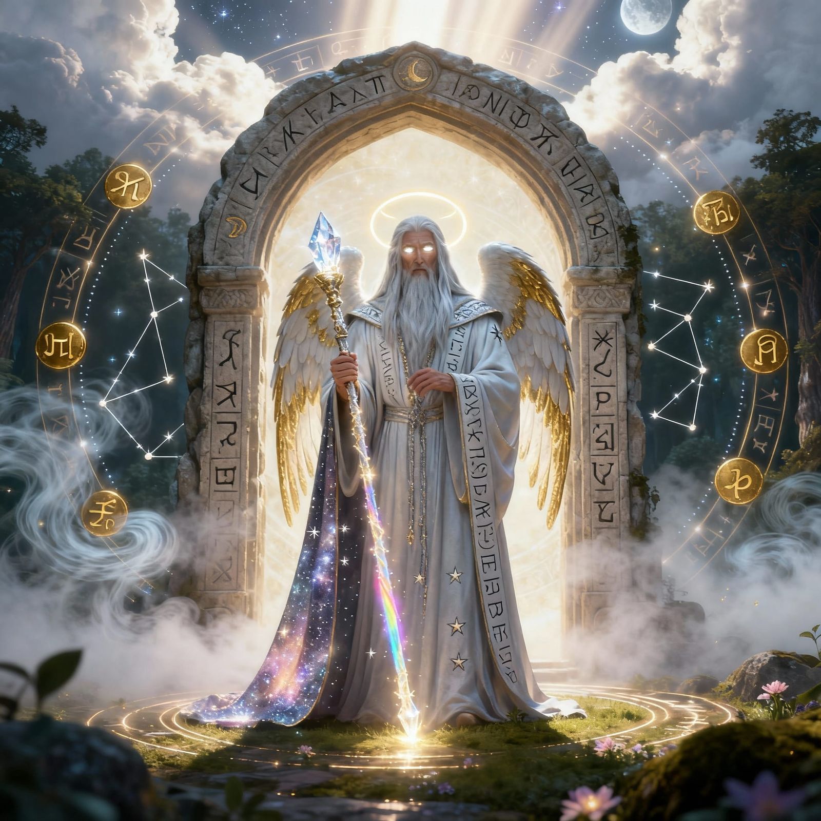 Angelic Wizard with Silver Hair and Crystal Staff
