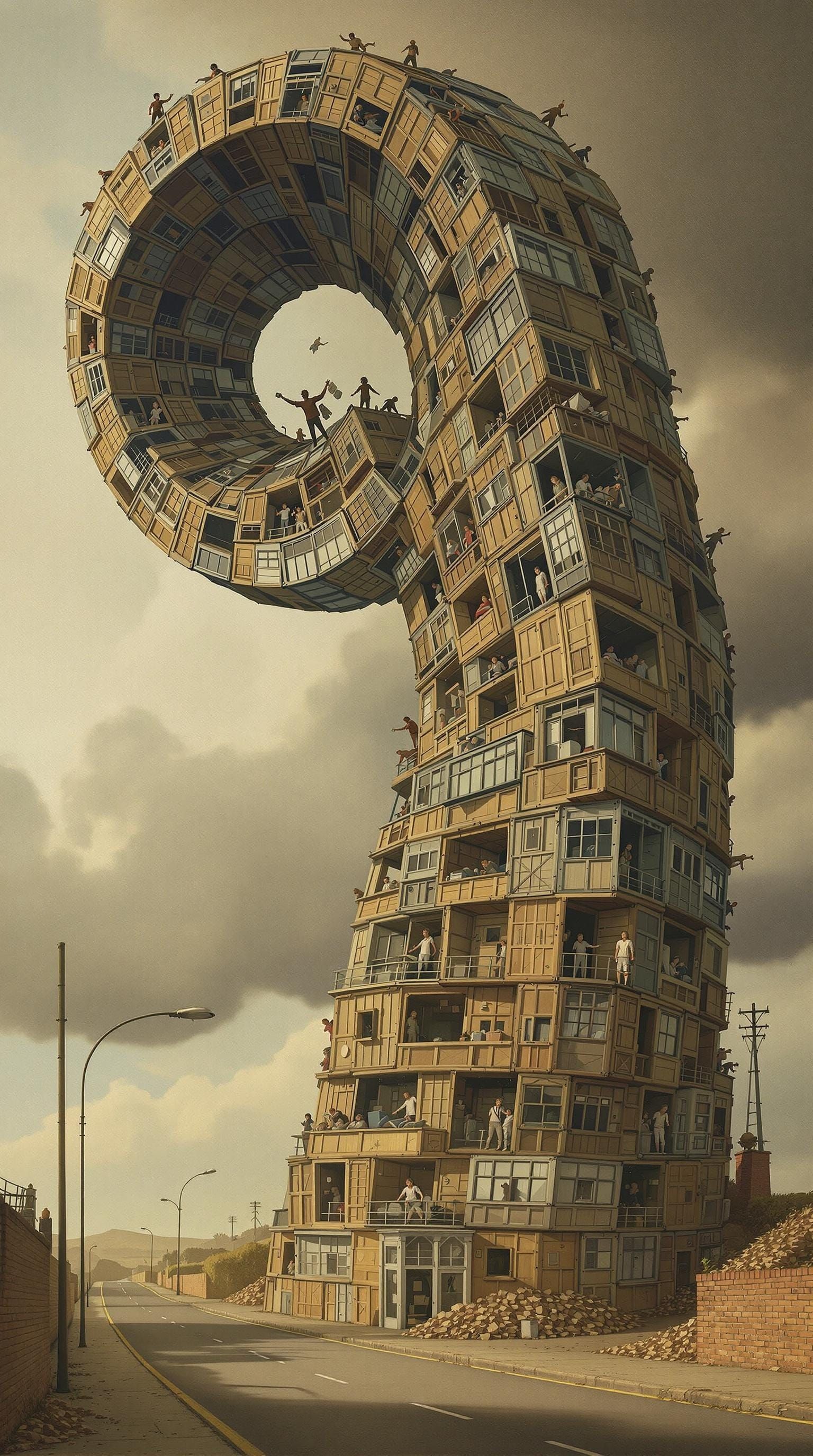 Surrealist Wooden Crate Cityscape in the Wind