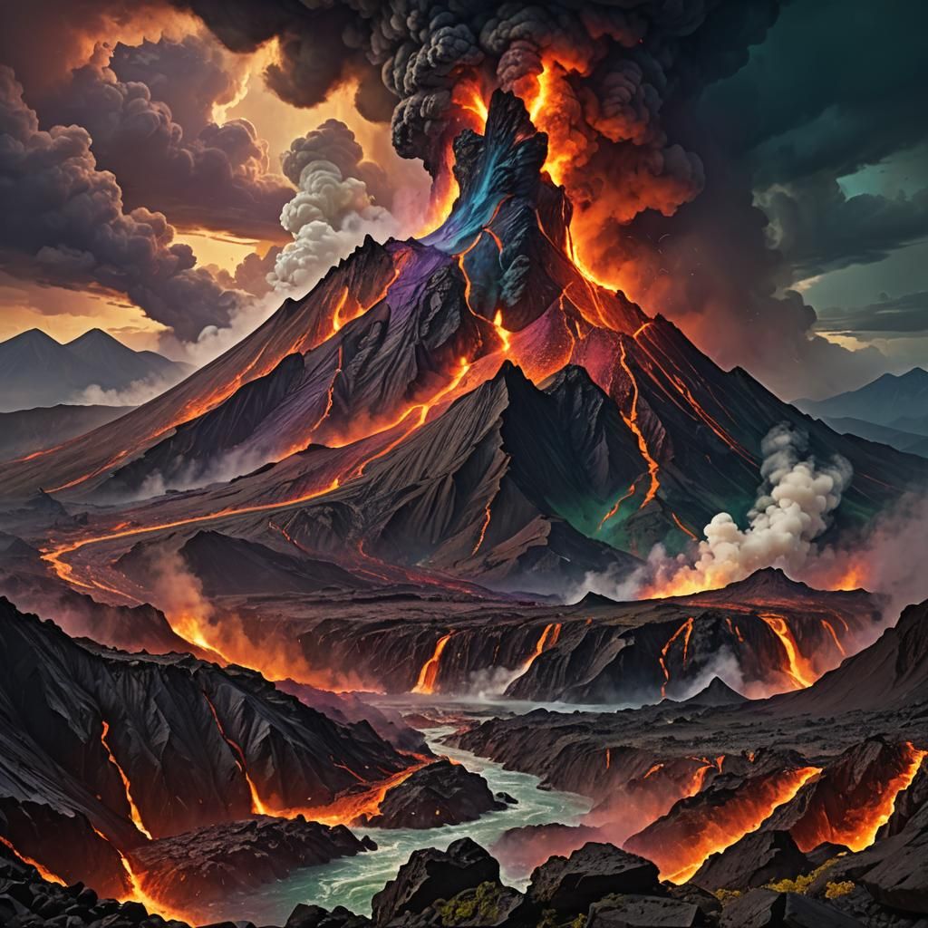 Volcano with Lava and Ominous Sky: Fantasy Art