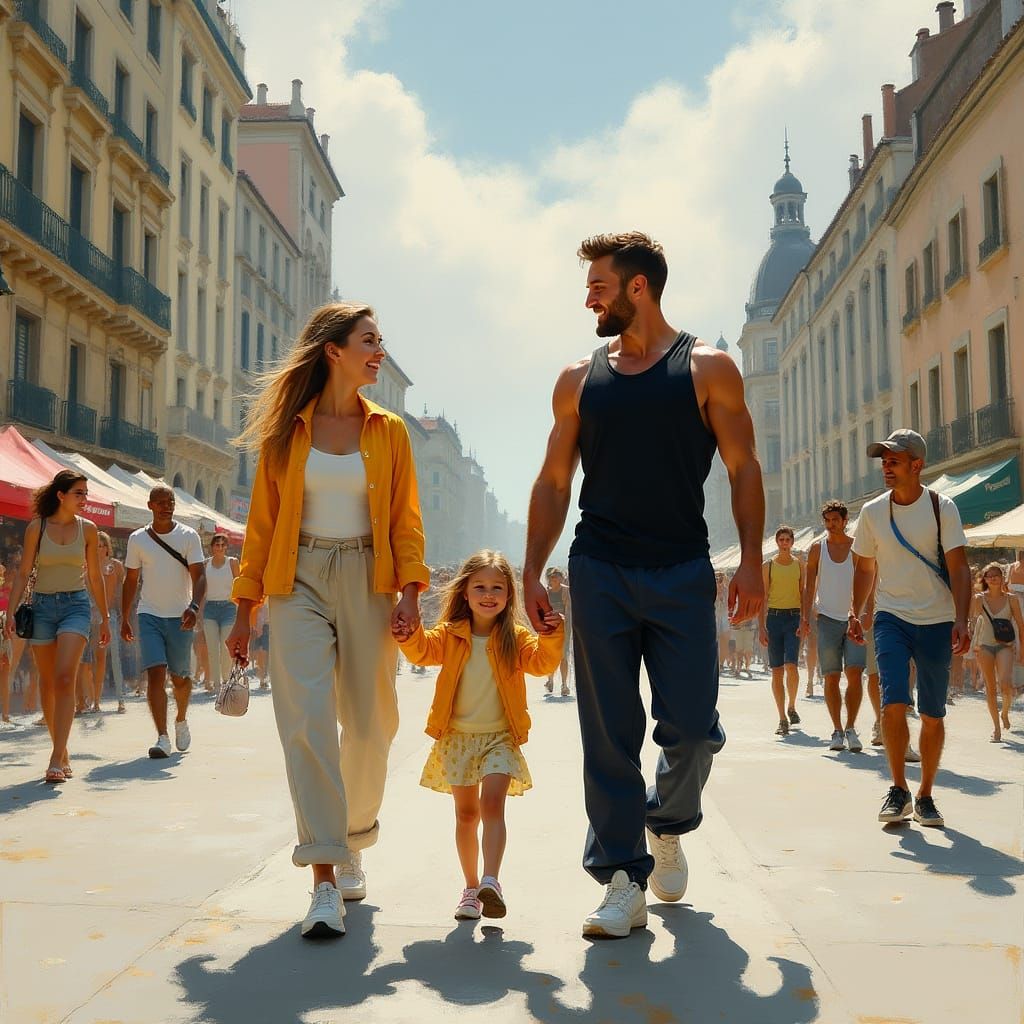 Family Walks in City Square on Sunny Summer Day