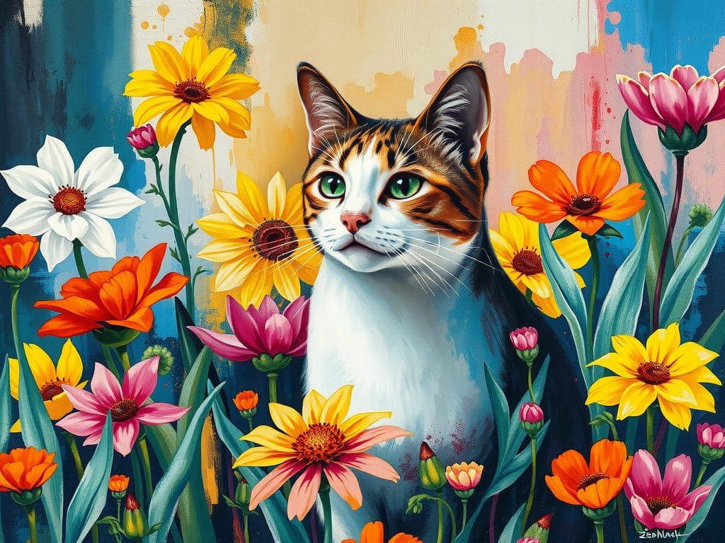 Vibrant Basquiat-Inspired Cat in a Lush Floral Oasis