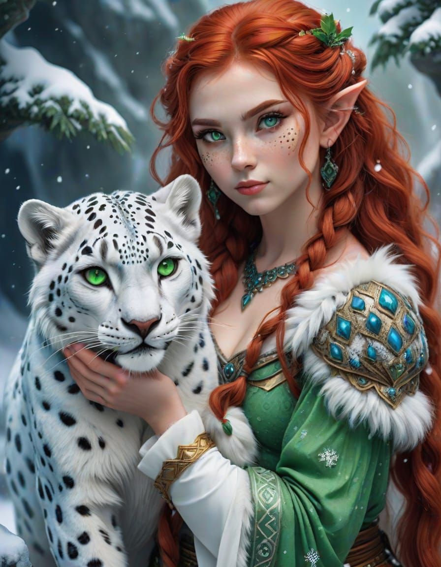Ethereal Elf Goddess with Snow Leopard Companion in Fantasy ...