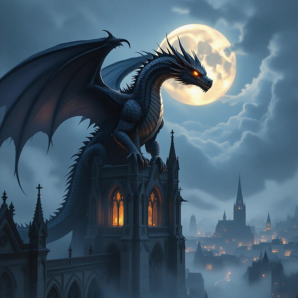 Ancient Dragon on Gothic Cathedral in Surreal Digital Art
