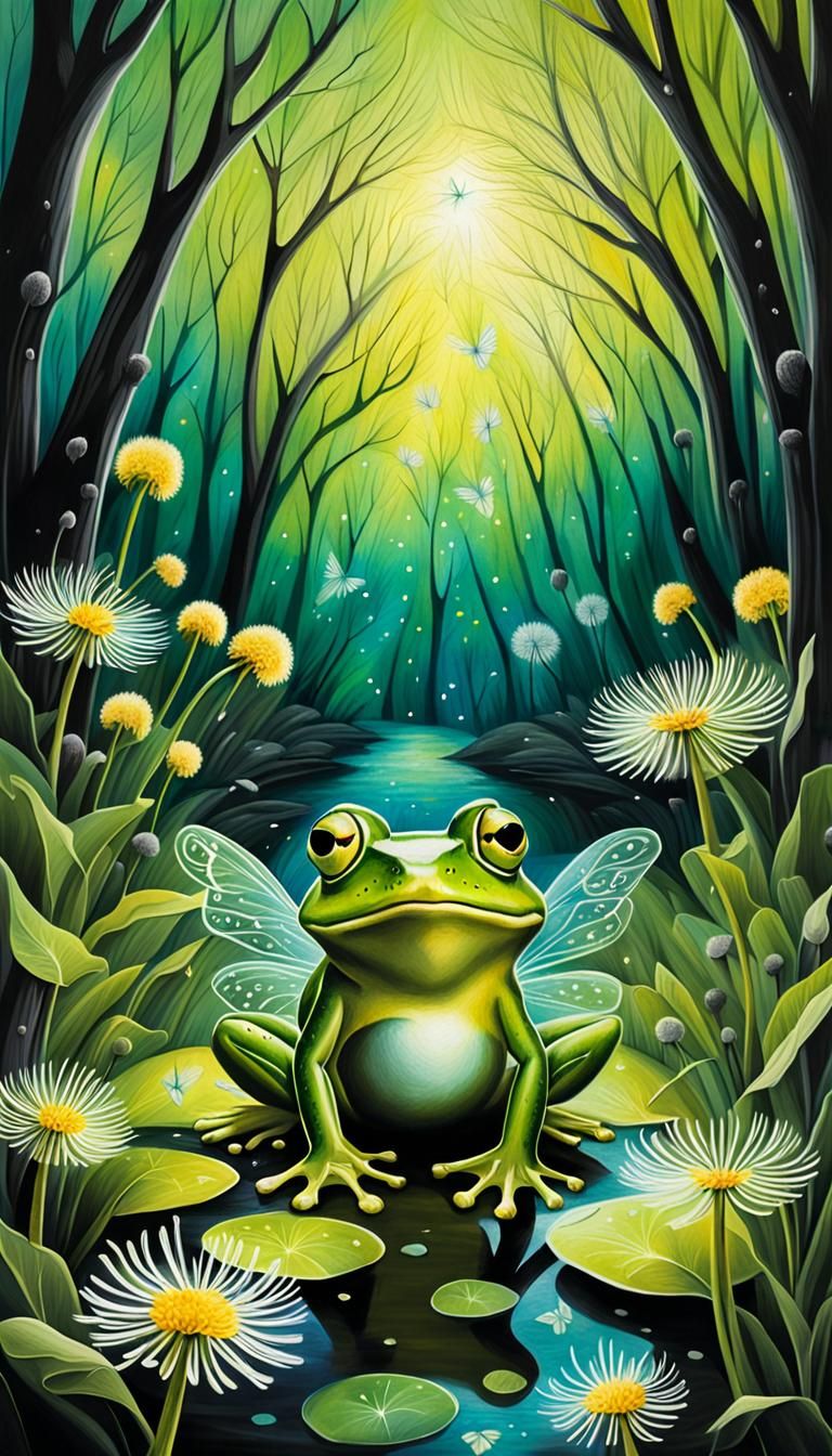 A vivid representation of a  joyful green frog  with fairy wings nestled under a fantastic array of dandelion trees in a...