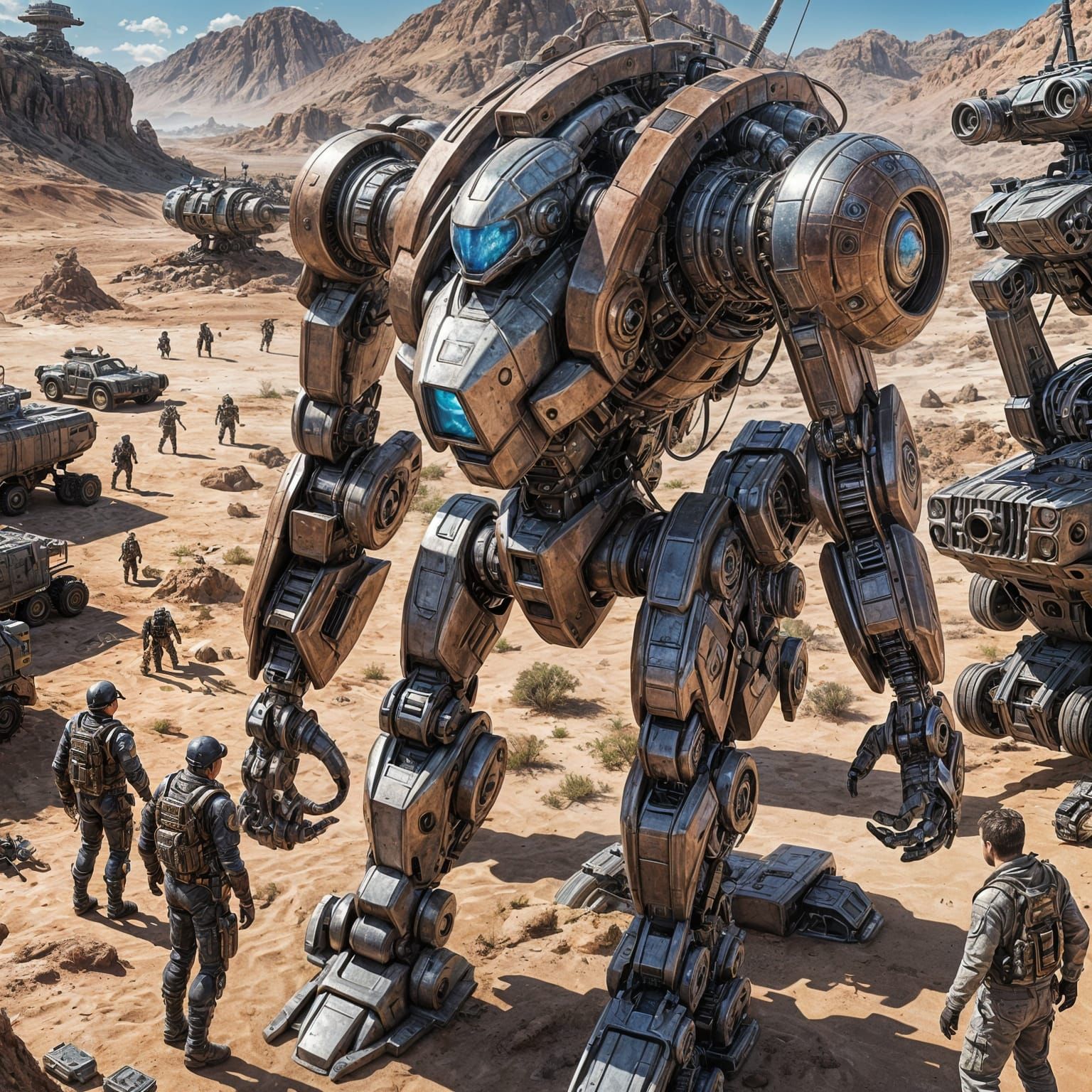 Futuristic Combat Robot Reloading in Hangar: 3D Anime Art