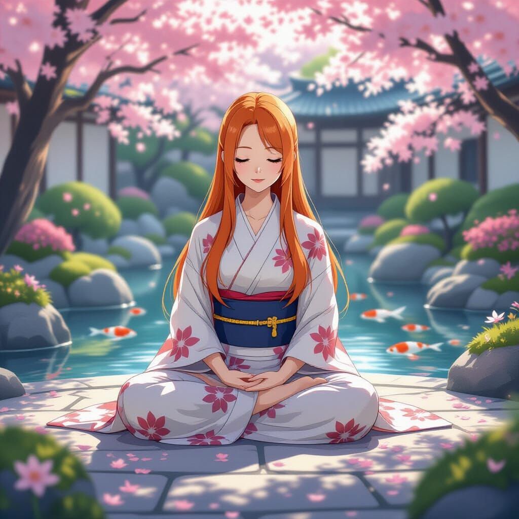 Meditating Woman in Zen Garden, Anime Style