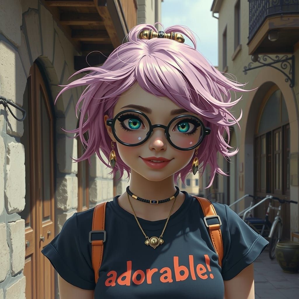 Futuristic Chibi Goddess in Medieval Street Scene