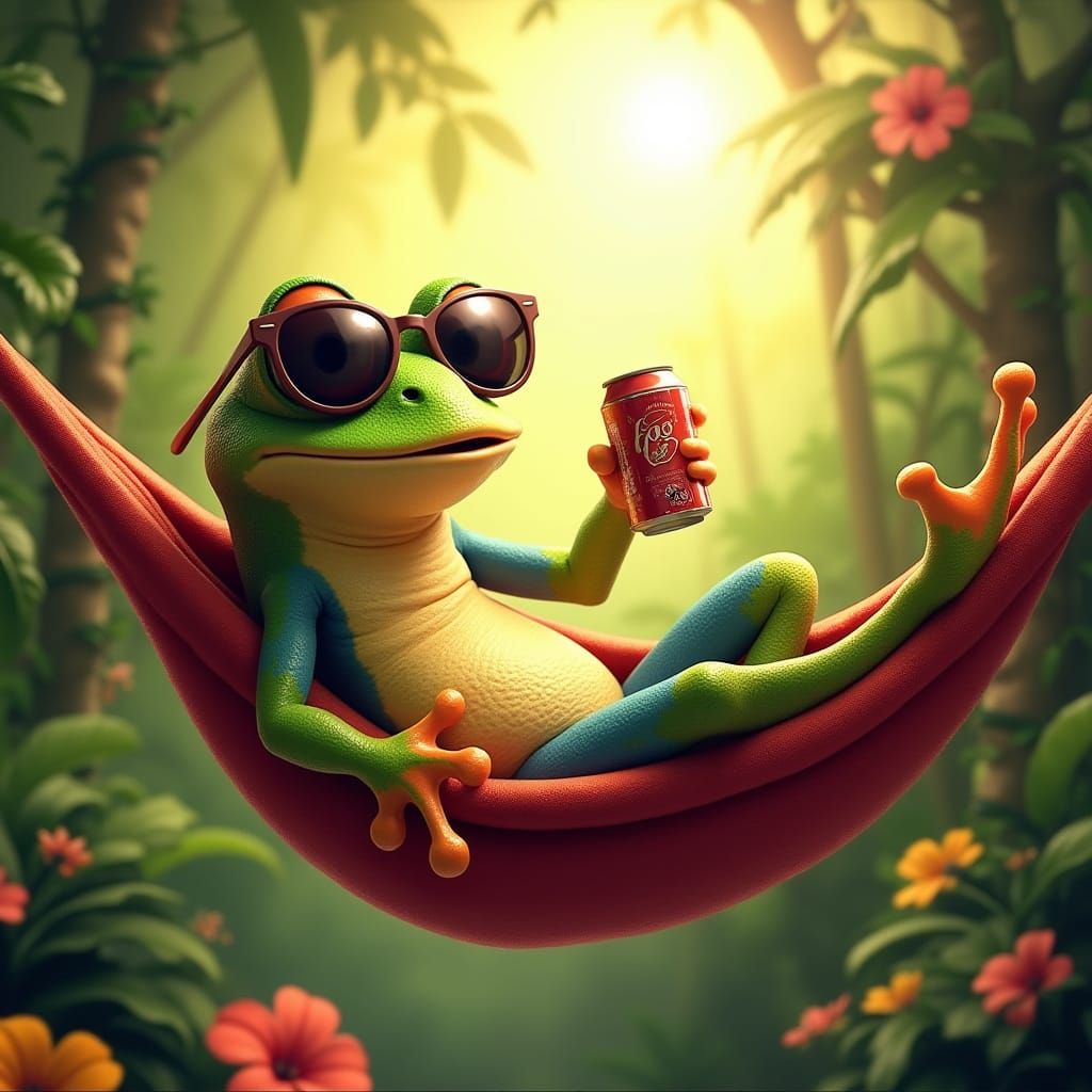 Vibrant Tropical Frog Relaxation in Oversized Sunglasses
