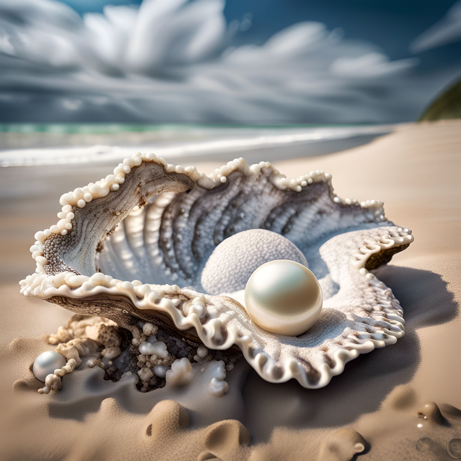Giant Pearl Discovered on Beach, Hyperrealistic Rendering