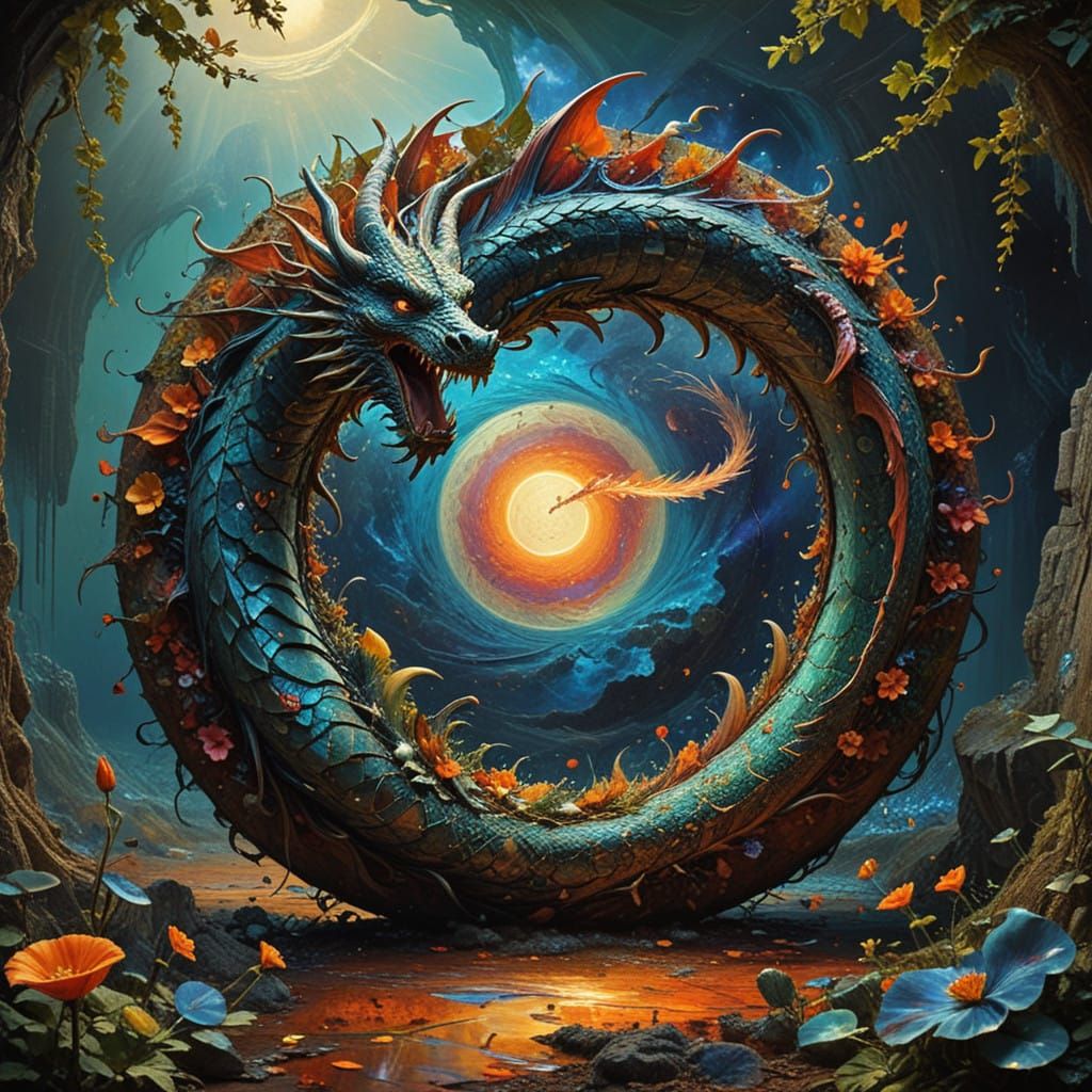 Hyperrealistic Floral Dragon Erupts from Wormhole in Impasto...