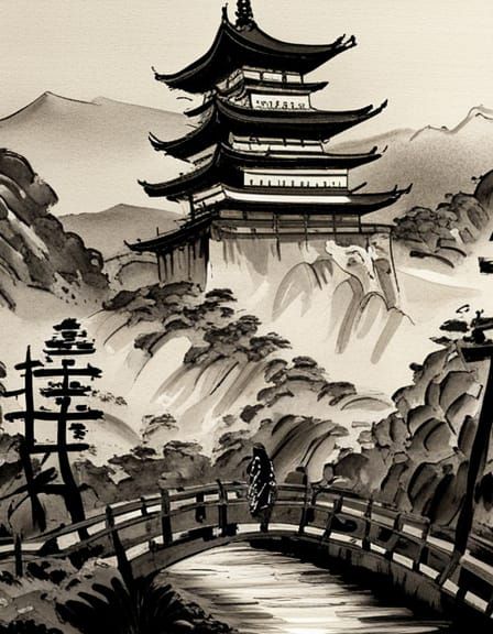 Samurai Journey to Japanese Temple in Eastern Drawing