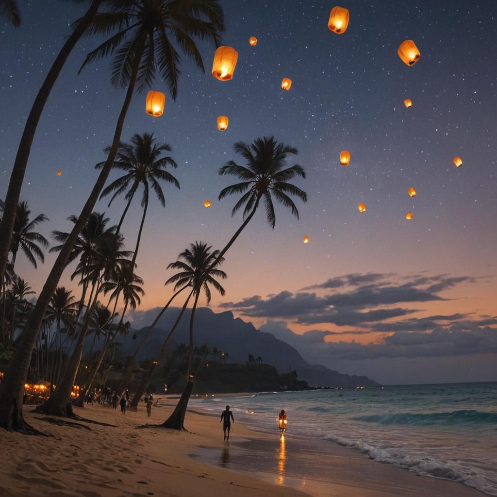 Dreamy Hawaiian Beach Lanterns at Midnight