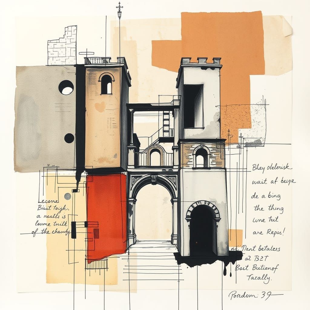 Mixed Media Architectural Collage With Ink and Textures