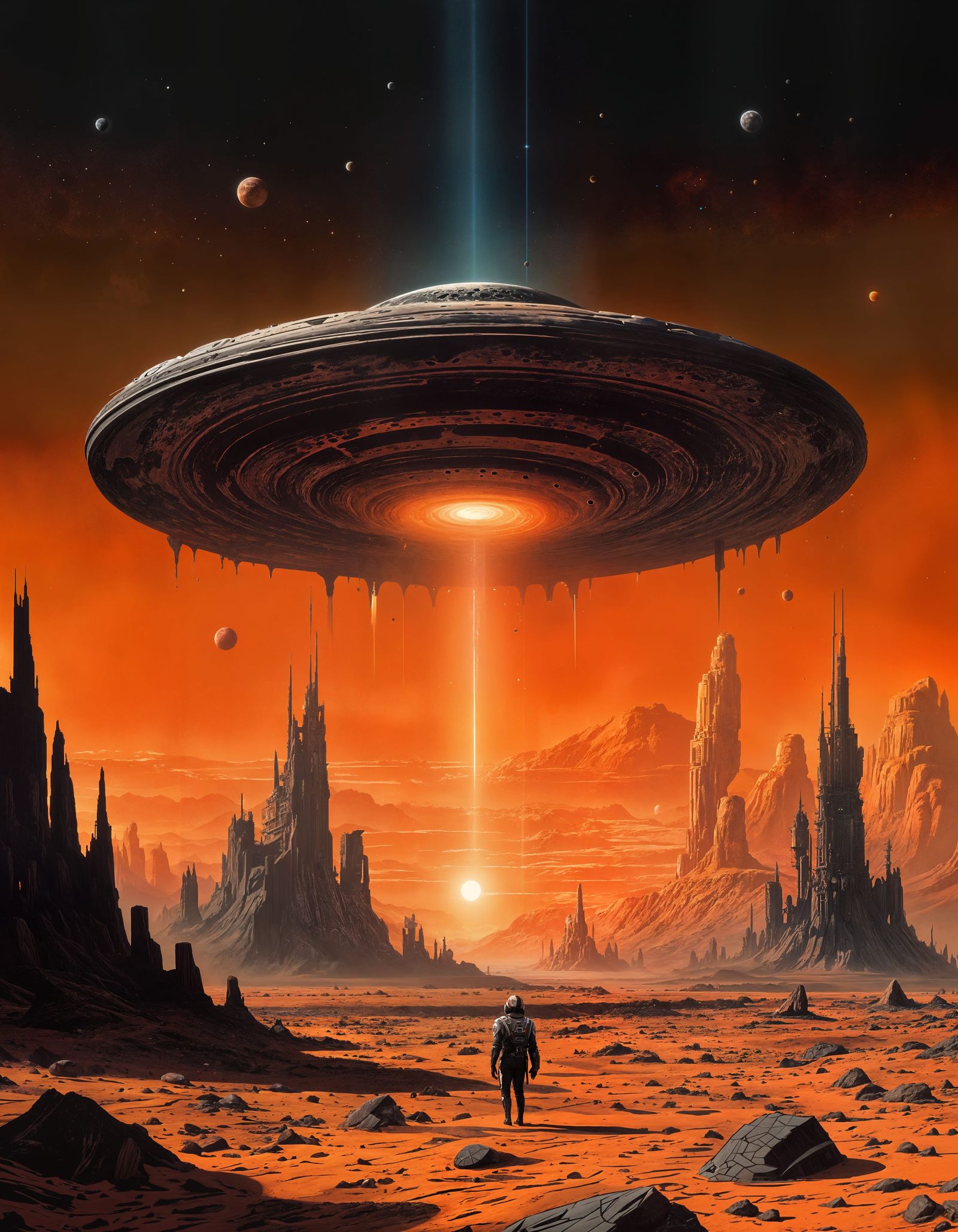 Ravaged Flying Saucer in Crimson Glow, Retro-Futuristic Styl...