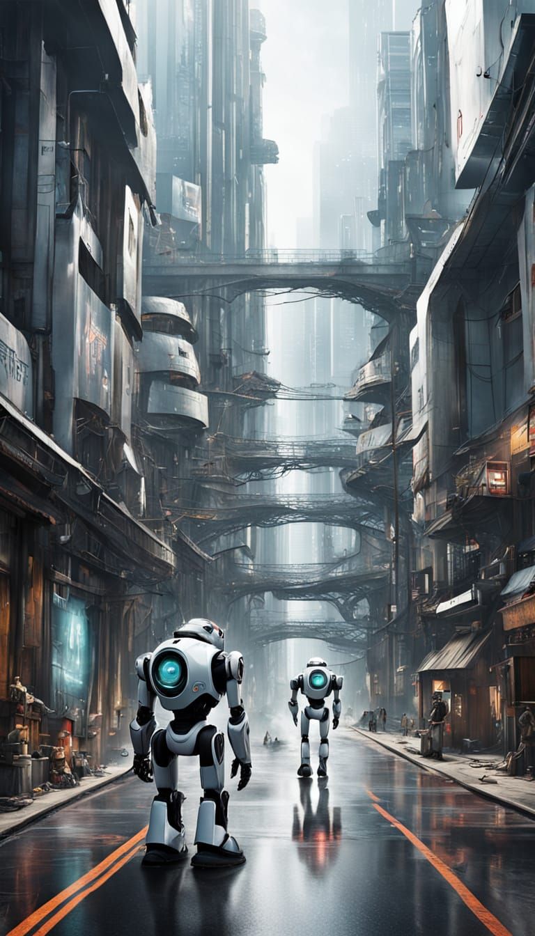 Rustic Future Landscape with Robots in Abandoned Setting