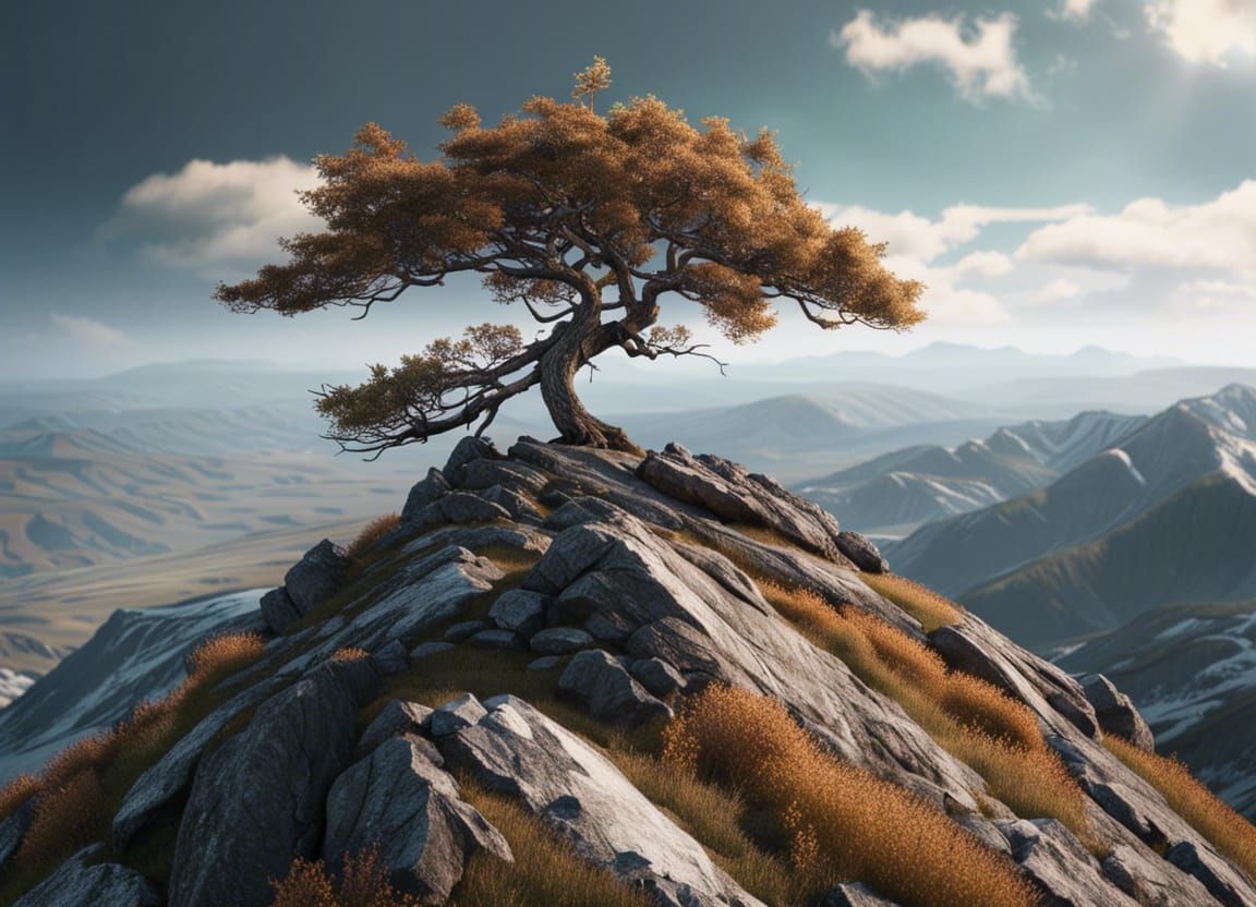 Hyperrealistic Lone Tree on Windswept Mountain