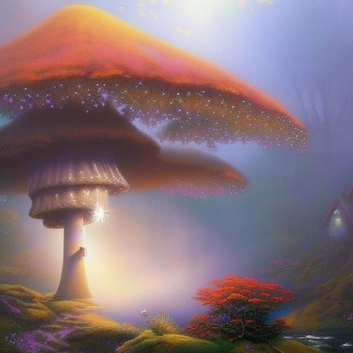 Ethereal Mushroom Witch in Dreamy Landscape