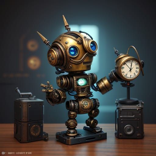 Steampunk Chibi Robot Meets Curious Feline Companion