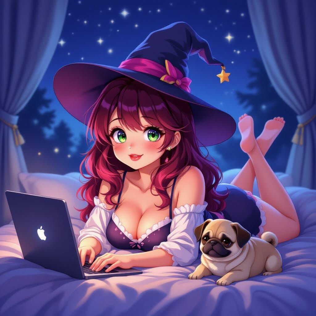 Anime Witch Woman Playing Game With Pug Puppy