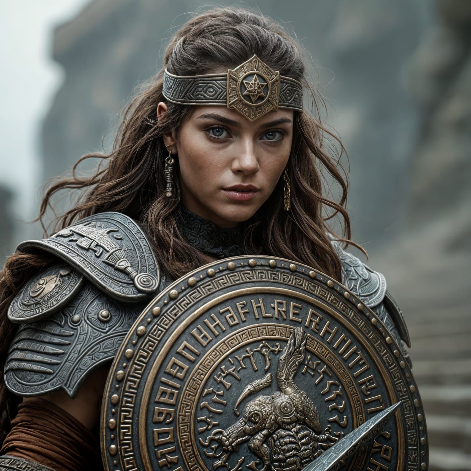 Warrior Goddess in Intricately Embossed Armor